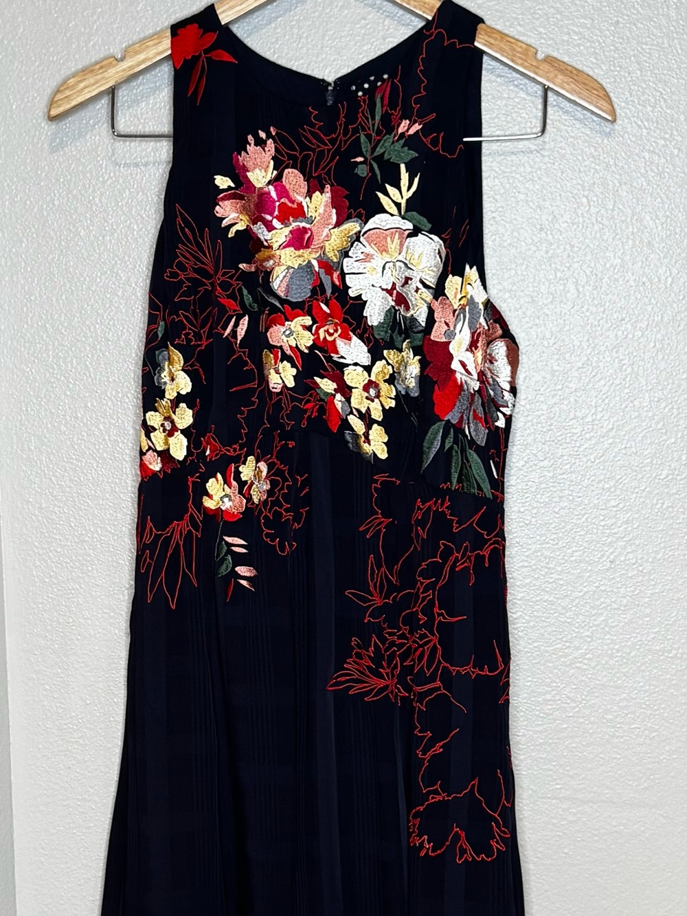 Anthropologie Tanzine Navy Midi Dress with Multicolor Floral Embroidery